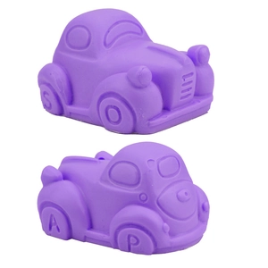 Detailed view of purple car-shaped silicone mold with embossed letters S and A for baking