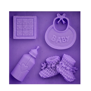 Purple silicone molds featuring baby bib, bottle, shoes and heart blocks for DIY cake