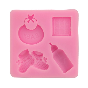 Pink silicone baby theme fondant mold with bib, bottle, and shoes shapes for DIY baking