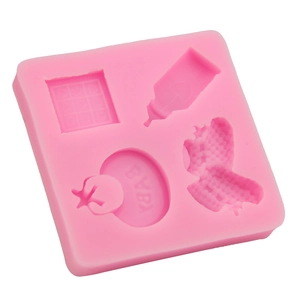 Pink silicone baby shower mold featuring bottle, shoes, baby plaque and grid patterns