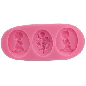 Pink 3-cavity silicone mold featuring praying girl and angel reliefs for DIY cake decorating