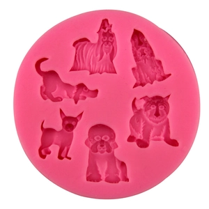 Pink silicone dog mold featuring five breeds for DIY fondant baking and ice cubes