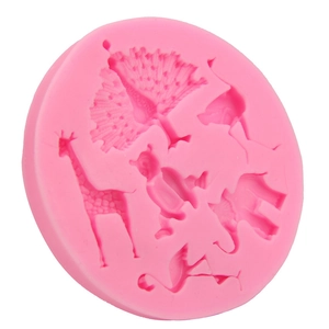 Pink silicone animal shape mold featuring peacock and giraffe for DIY cake baking