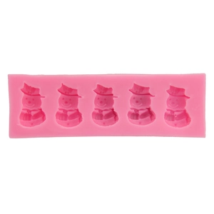Pink silicone mold with five snowman cavities for DIY fondant and chocolate baking decoration