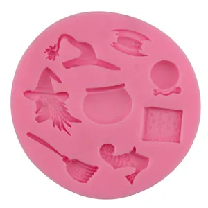 Pink Halloween silicone mold with witch head broom and bat shapes for cake fondant