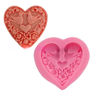 Detailed heart silicone mold with bird and rose patterns for DIY fondant and chocolate