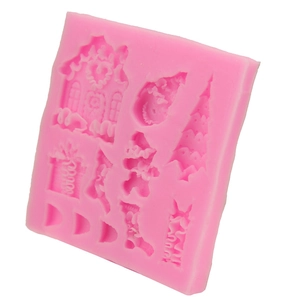 Pink silicone Christmas tree and house fondant mold for baking and chocolate making