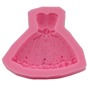 Pink silicone princess dress cake mold with detailed rose and pleated textures for baking
