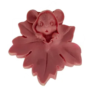 Detailed pink silicone mold featuring a cute mouse hiding inside a maple leaf design