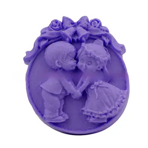Detailed purple silicone mold featuring a romantic kissing couple with roses and bells