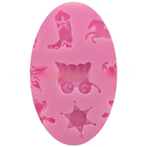 Pink silicone mold featuring cowboy boots, horses, and sheriff stars for fondant cakes