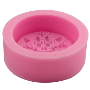 Pink round silicone cake mold with traditional Chinese Double Happiness flower relief pattern
