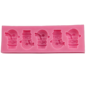 Pink silicone mold with 5 snowman cavities for DIY chocolate fondant baking projects