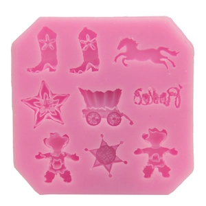 Pink silicone fondant mold featuring western cowboy boots horse and star shapes for baking