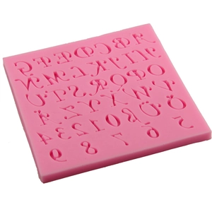 Pink silicone mold with uppercase letters and numbers for fondant cake decoration