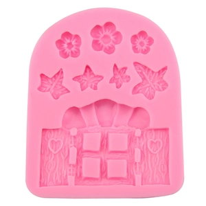 Rosa Silikonform für Fondant mit Märchentüren, Fenstern und Blumenmustern für Kuchen
