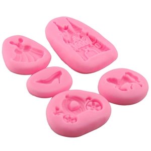 5-piece pink silicone fondant mold set featuring castle, princess dress, and carriage designs
