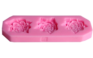 Pink silicone mold featuring three blooming rose patterns for baking cake decoration