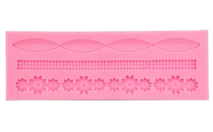 Pink silicone fondant mold with wavy lace and daisy patterns for cake border decoration