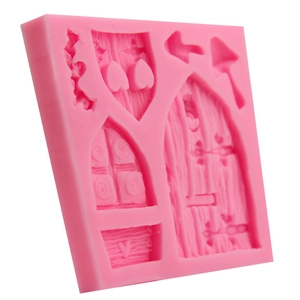 Pink silicone fairy door and mushroom fondant mold with detailed arch and heart patterns