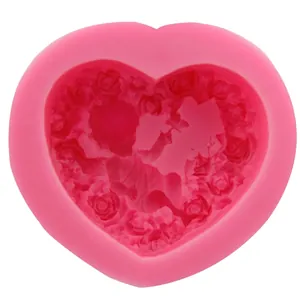 Pink heart-shaped silicone mold with embossed rose pattern for DIY soaps and cakes