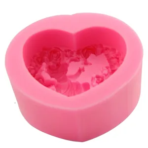 Pink heart-shaped silicone mold with rose flower texture for DIY soap and cake baking