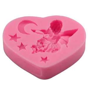 Pink heart-shaped silicone mold featuring angel moon and stars for fondant and chocolate