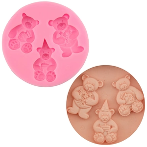 Three Little Bears Shaped Silicone Fondant Mold Pink Cartoon Bear Chocolate Candy DIY Baking Tools For Cake Decoration