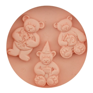 Pink silicone mold featuring three cute teddy bears for chocolate and fondant cake baking