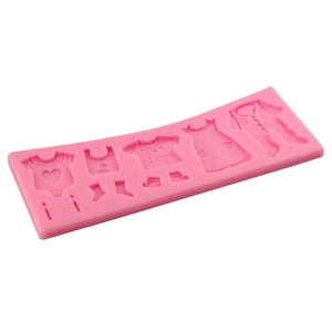 Pink silicone fondant mold featuring baby clothes set shapes for cake decorating and chocolate
