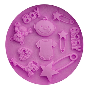 Pink silicone baby shower fondant mold with giraffe, teddy bear, and BOY BABY lettering