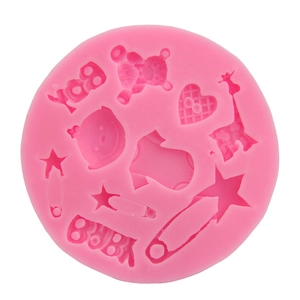 Pink silicone fondant mold featuring baby items, giraffe and BOY theme for cake baking