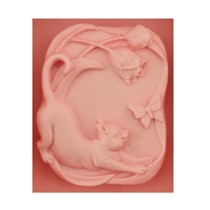 Pink silicone mold featuring cat butterfly and tulip floral designs for soap and baking
