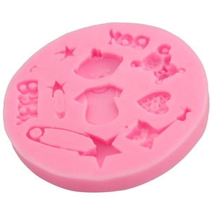 Pink silicone baby boy fondant mold with baby suit, stars and hearts patterns