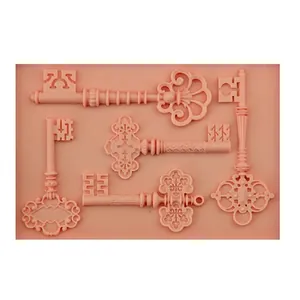 5-cavity pink silicone fondant mold featuring vintage European key designs for cake baking
