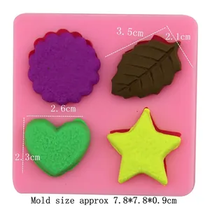 Moule silicone carré rose avec formes gaufre cœur étoile et feuille 7.8x7.8x0.9cm