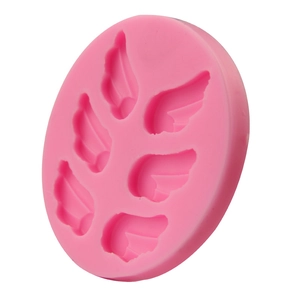 Pink silicone fondant mold with six angel wing cavities for DIY cake baking and crafts