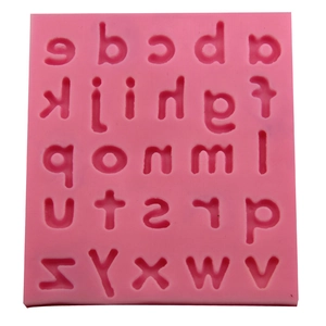 Pink silicone mold featuring lowercase alphabet letters for fondant cake and chocolate