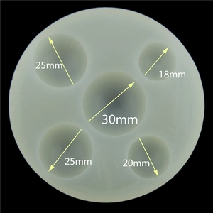 Translucent silicone mold with five semi-sphere cavities ranging from 18mm to 30mm