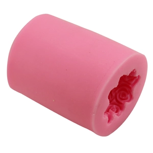 Pink cylinder silicone mold with 3D rose floral carving for fondant and handmade soaps