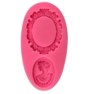 Stampo in silicone rosa con cameo di donna vintage e cornice ovale ornata per fondente o resina