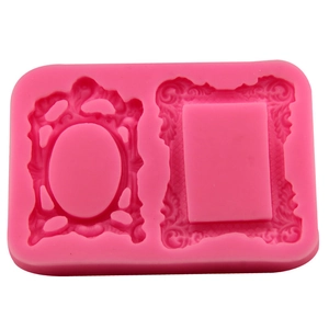 Pink silicone cake mold featuring vintage baroque picture frame and oval relief patterns