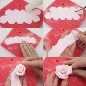 6-step DIY process using rose flower cutters and fondant tools for cake decorating