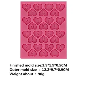 Pink heart alphabet silicone mold for fondant cakes and chocolate with dimensions
