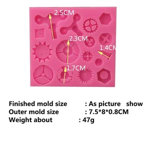 Pink silicone fondant mold featuring steampunk gear and screw shapes for cake decoration