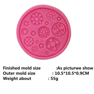 Pink silicone mold featuring various gear shapes for industrial theme cake decorating