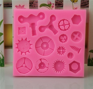 Pink steampunk gear and screw silicone fondant mold for cake decorating tools
