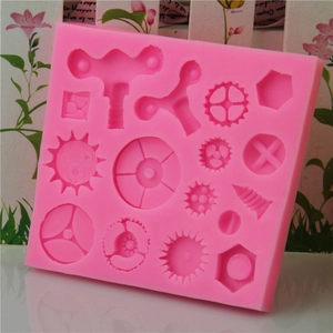 Pink silicone gear and screw steampunk mold for mechanical fondant cake decorations