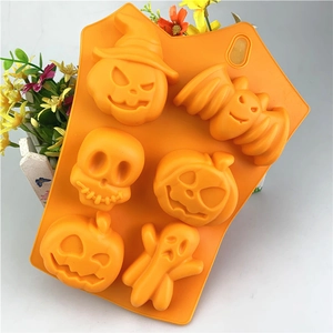 Orange 6-cavity Halloween silicone mold featuring pumpkin bat and ghost shapes