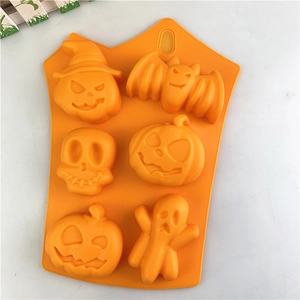 Orange 6-cavity Halloween silicone mold with bat ghost and pumpkin shapes for DIY baking